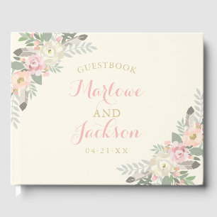 Boho Floral Feather Ivory Wedding Monogram Guest Book
