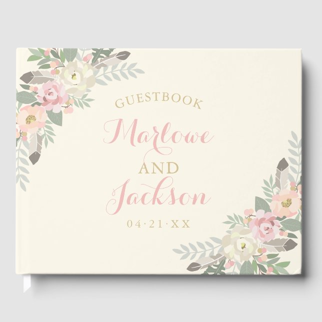 Boho Floral Feather Ivory Wedding Monogram Guest Book (Front)
