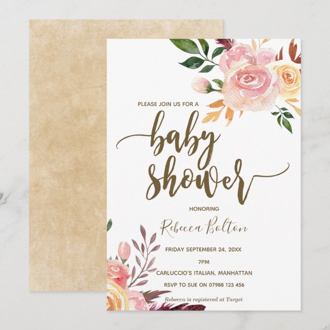 boho floral feather modern baby shower invite (Front/Back)