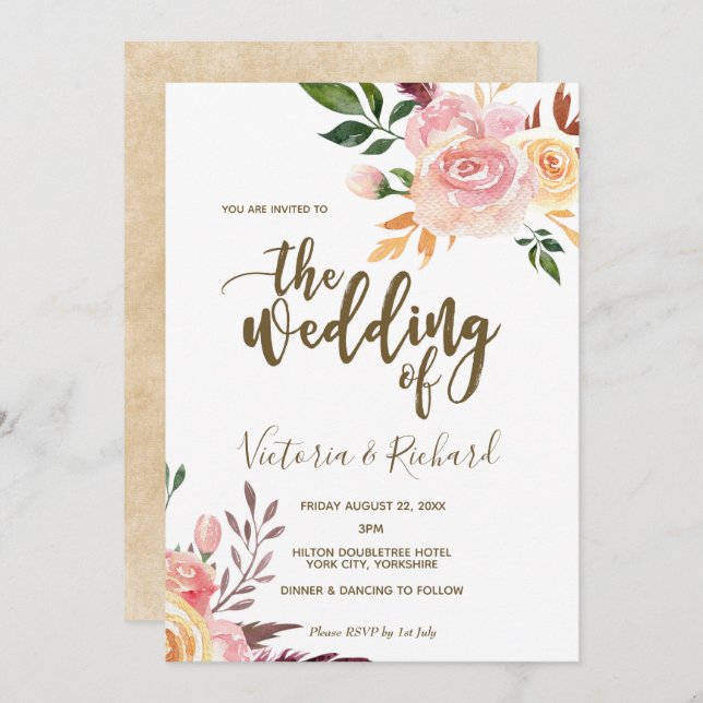 boho floral feather modern wedding invitation (Front/Back)