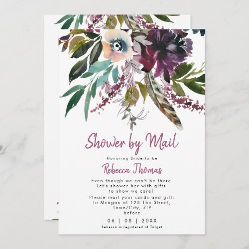 boho floral feather shower by mail bridal shower invitation