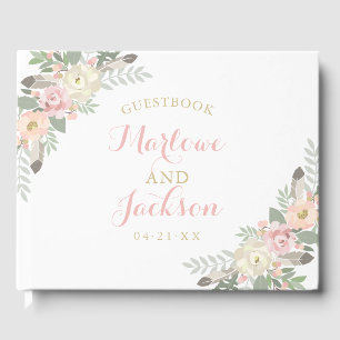 Boho Floral Feather White Wedding Monogram Guest Book