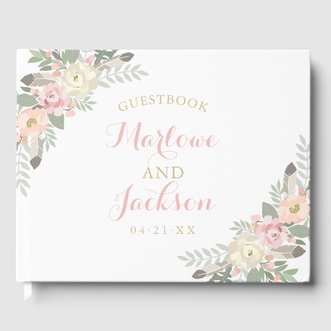 Boho Floral Feather White Wedding Monogram Guest Book (Front)