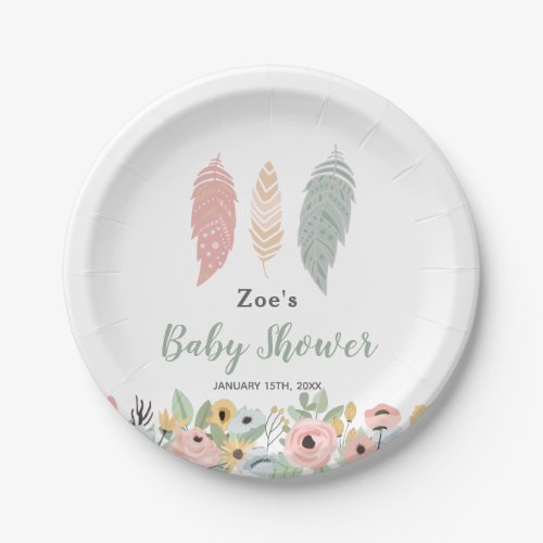 Boho Floral Feathers Baby Shower Paper Plates