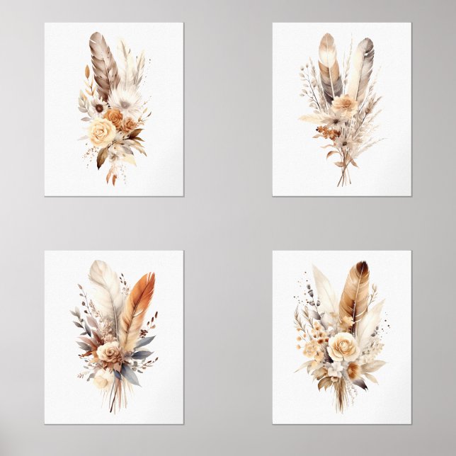 Boho Floral Feathers Beige Brown Gray Wall Art Set (Front)