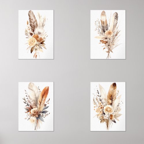 Boho Floral Feathers Beige Brown Gray Wall Art Set