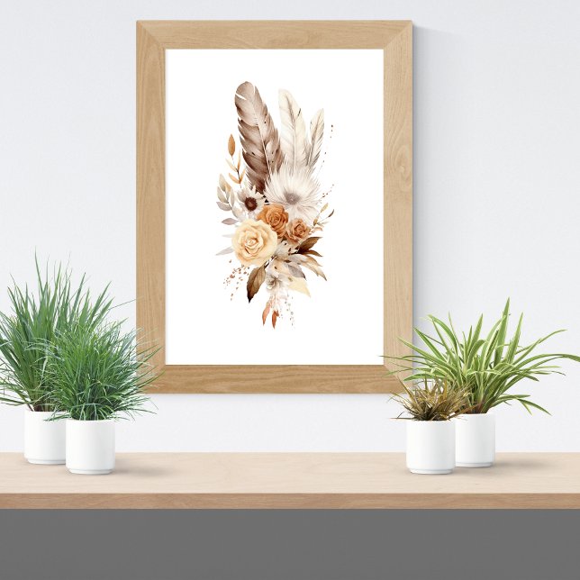 Boho Floral Feathers Botanical Watercolor Wall Art (Boho Floral Feathers Botanicals Neutral Colors Wall Art poster. Gray Brown Beige Cream)