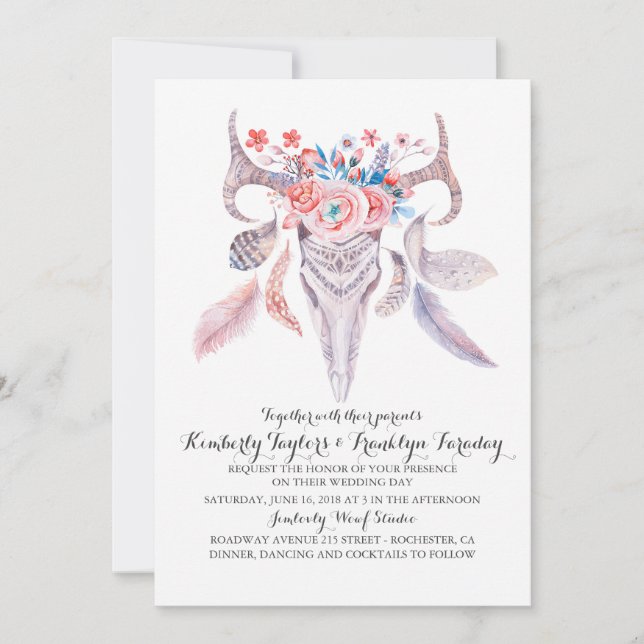 Boho Floral Feathers Deer Antlers Wedding Invitation (Front)