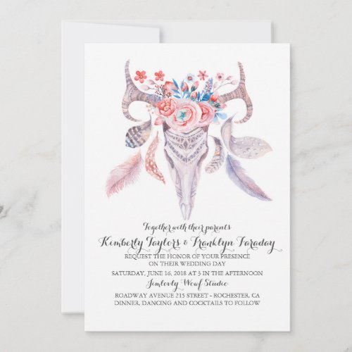 Boho Floral Feathers Deer Antlers Wedding Invitation