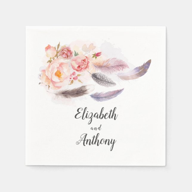 Boho Floral Feathers Napkins (Front)