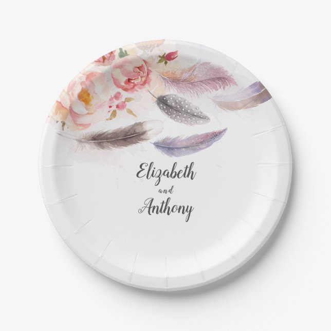 Boho floral Feathers Paper Plates (Front)
