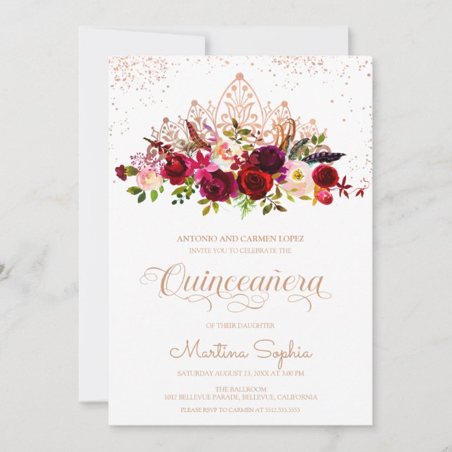 Boho Floral Feathers & Rose Gold Tiara Quinceanera Invitation (Front)