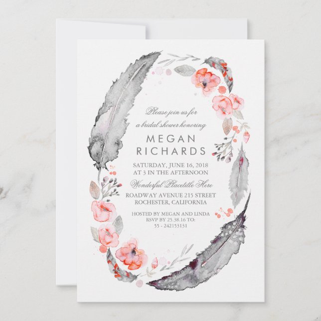 Boho Floral Feathers Vintage Bridal Shower Invitation (Front)