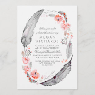 Boho Floral Feathers Vintage Bridal Shower Invitation