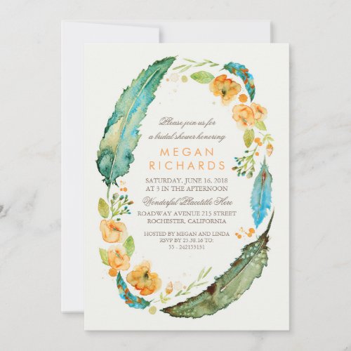 Boho Floral Feathers Vintage Bridal Shower Invitation