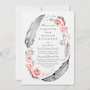 Boho Floral Feathers Vintage Engagement Party Invitation