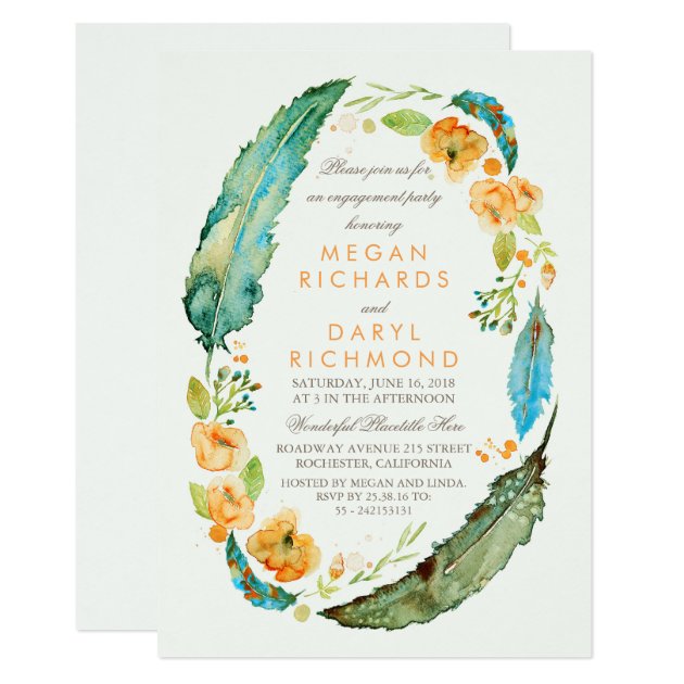 Boho Floral Feathers Vintage Teal Engagement Party Invitation