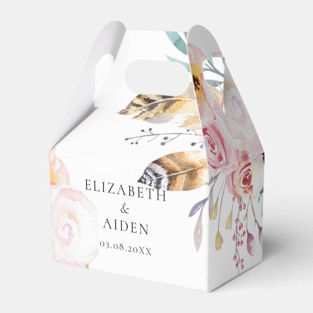 Boho Floral Feathers & Wate Wedding Favor Boxes (Front Side)