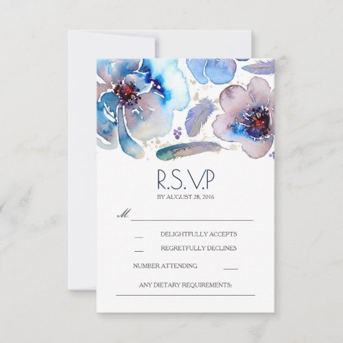 Boho Floral Feathers Watercolor Blue RSVP Card - Blue watercolor flowers and bohemian feathers wedding RSVP cards