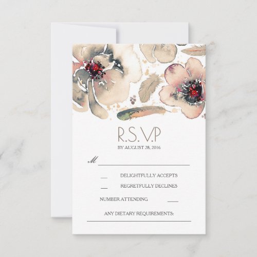 Boho Floral Feathers Watercolor Ivory RSVP Card - Ivory, blush and grey watercolor flowers and bohemian feathers wedding RSVP cards