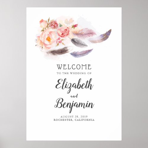 Boho Floral Feathers Wedding Welcome Sign