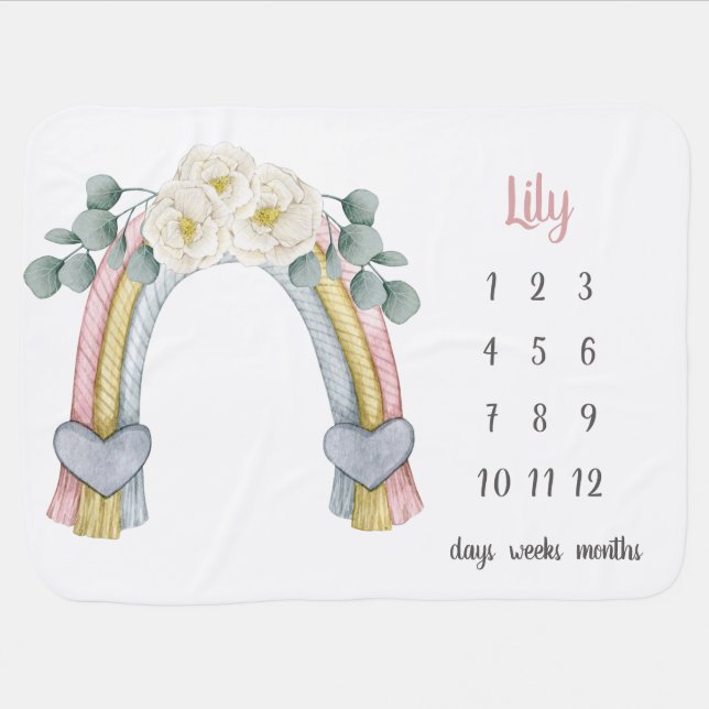 Boho Floral Fiber Rainbow Milestone Baby  Blanket (Horizontal)