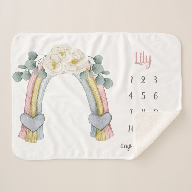 Boho Floral Fiber Rainbow Milestone Baby Sherpa Blanket (Front (Horizontal))