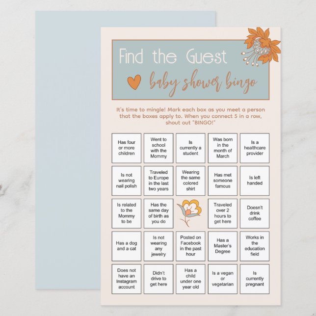 Boho Floral Find the Guest Baby Shower Ice Breaker (Front/Back)
