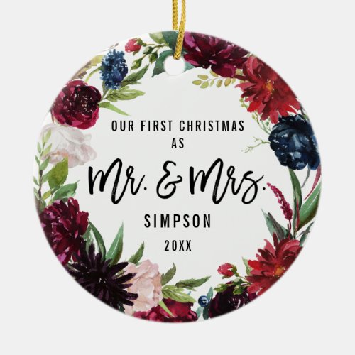 Boho Floral First Christmas As Mr and Mrs Photo Ceramic Ornament