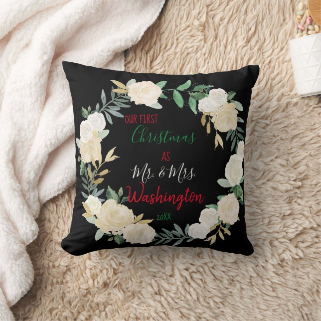 Boho Floral First Christmas Personalized Throw Pillow (Blanket)