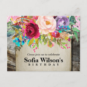 boho floral, flower birthday Postcard invitation