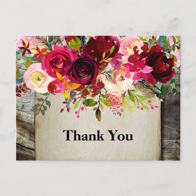boho floral, flower birthday thank you invitation postcard (Front)