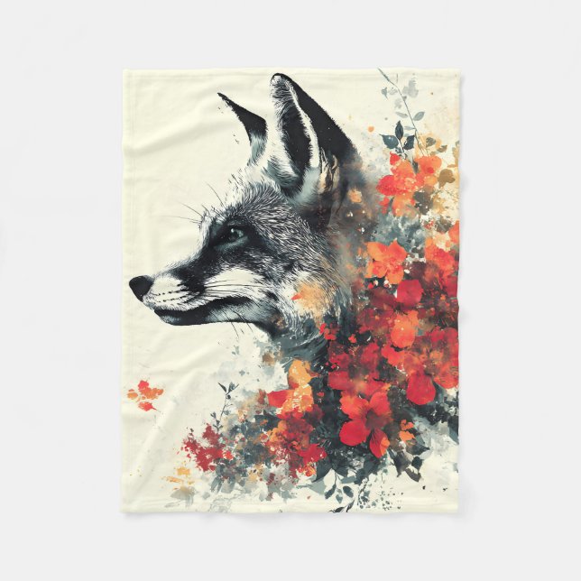 Boho Floral Fox Wildlife Nature Fleece Blanket (Front)