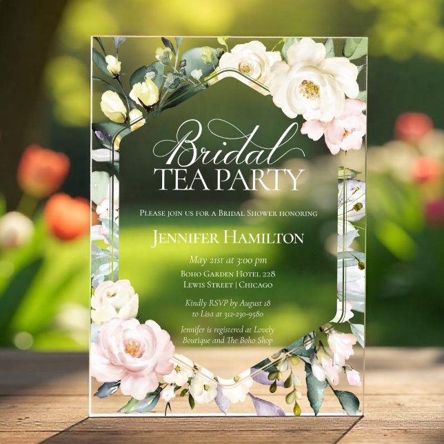 Boho Floral Frame Bridal tea Party Bridal Shower Acrylic Invitations (Creator Uploaded)