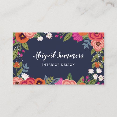 Boho Floral Frame _ Navy Blue  Coral Business Card