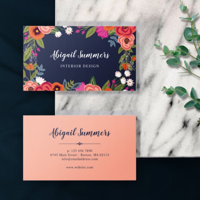 Boho Floral Frame - Navy Blue & Coral Business Card (Creator Uploaded)