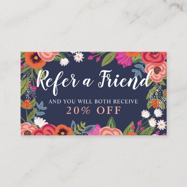 Boho Floral Frame - Navy Blue Refer A Friend Referral Card (Front)