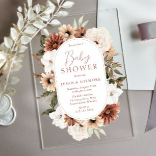 Boho Floral Frame Neutral Baby Shower Acrylic Invitations
