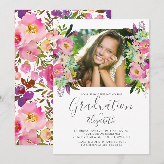 Boho Floral Frame Photo Graduation Invitation (Front/Back)