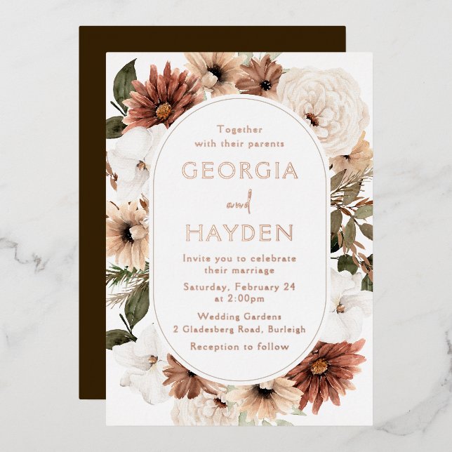 Boho Floral Frame Wedding Real  Foil Invitation (Front/Back)