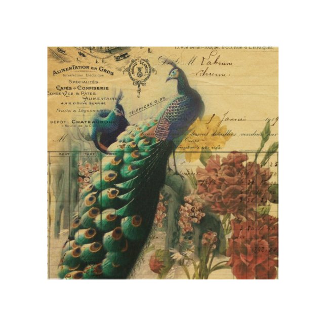 boho floral french country modern vintage peacock wood wall art (Front)