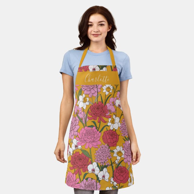 Boho Floral Garden Yellow Personalized Name Apron (Worn)