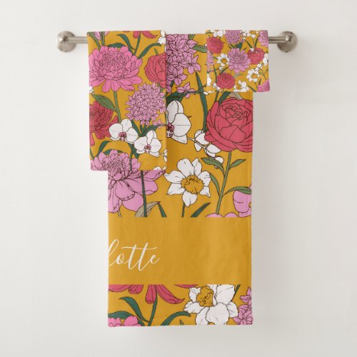 Boho Floral Garden Yellow Personalized Name Bath Towel Set