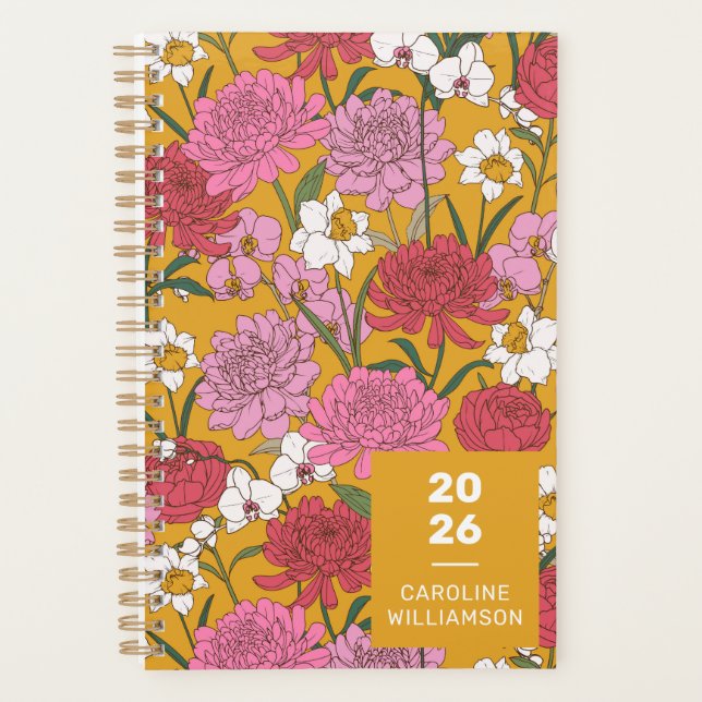 Boho Floral Garden Yellow Personalized Name Planner (Front)