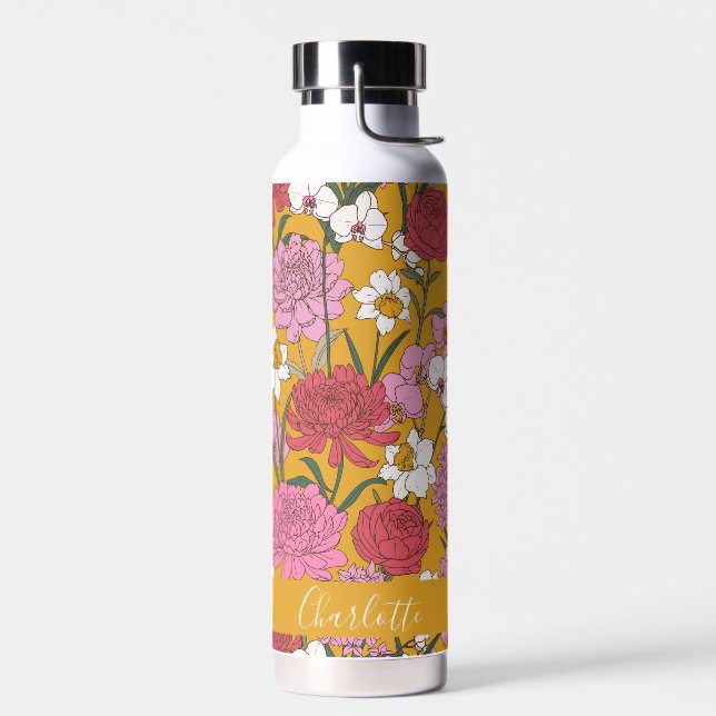 Boho Floral Garden Yellow Personalized Name Water Bottle (Left)