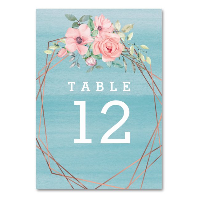 Boho Floral Geometric Aqua Blush Wedding Table Number (Front)