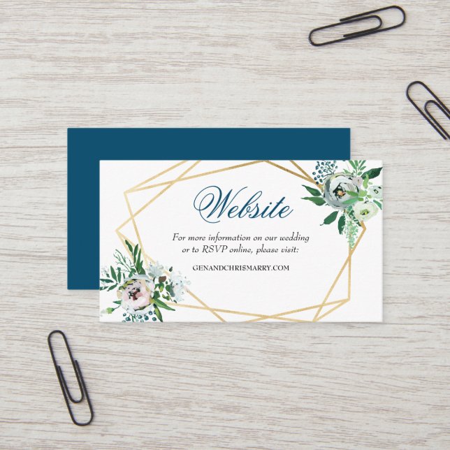 Boho Floral Geometric Blue Wedding Website Business Card (Front/Back In Situ)