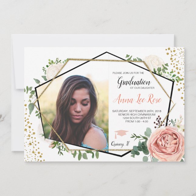 Boho Floral Geometric Gold Graduation Invitation (Front)