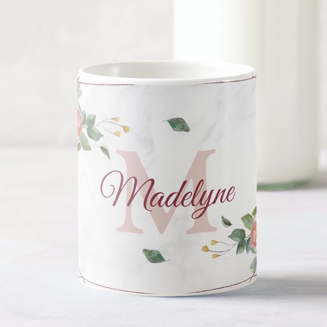 Boho Floral Geometric Rose Custom Monogram Name Coffee Mug (Creator Uploaded)