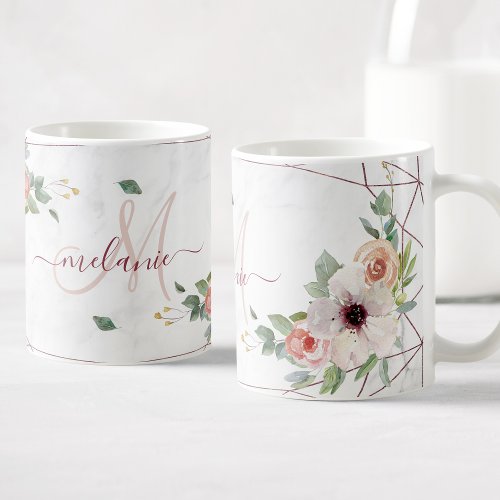 Boho Floral Geometric Rose Custom Monogram Name Coffee Mug